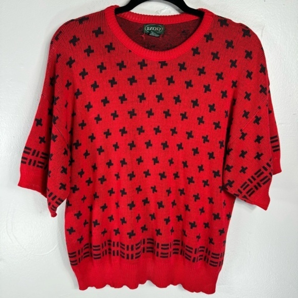 vintage IZOD 100% cotton sweater black red cross print women medium USA made